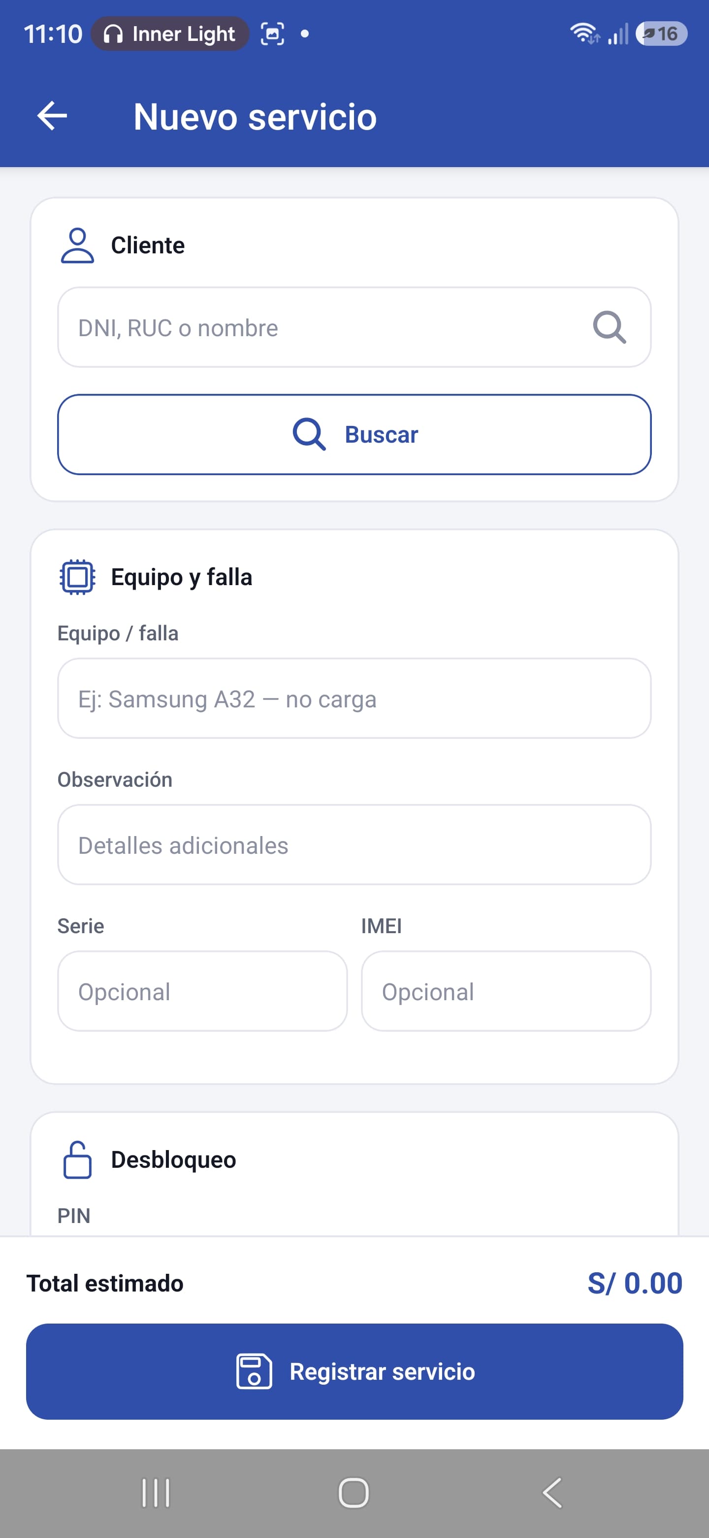 Pantalla Nuevo servicio: cliente, equipo y falla, serie e IMEI