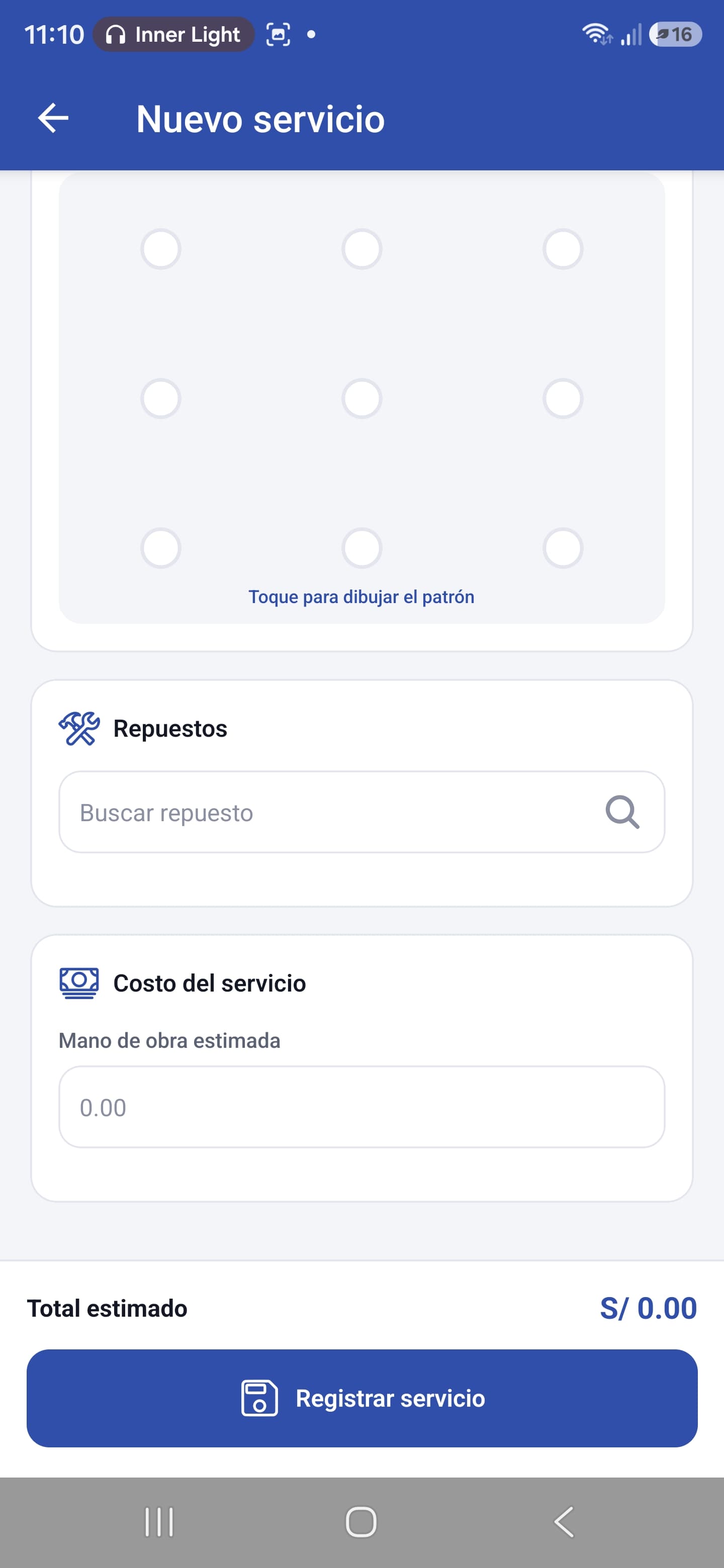 Pantalla de repuestos y costo del servicio