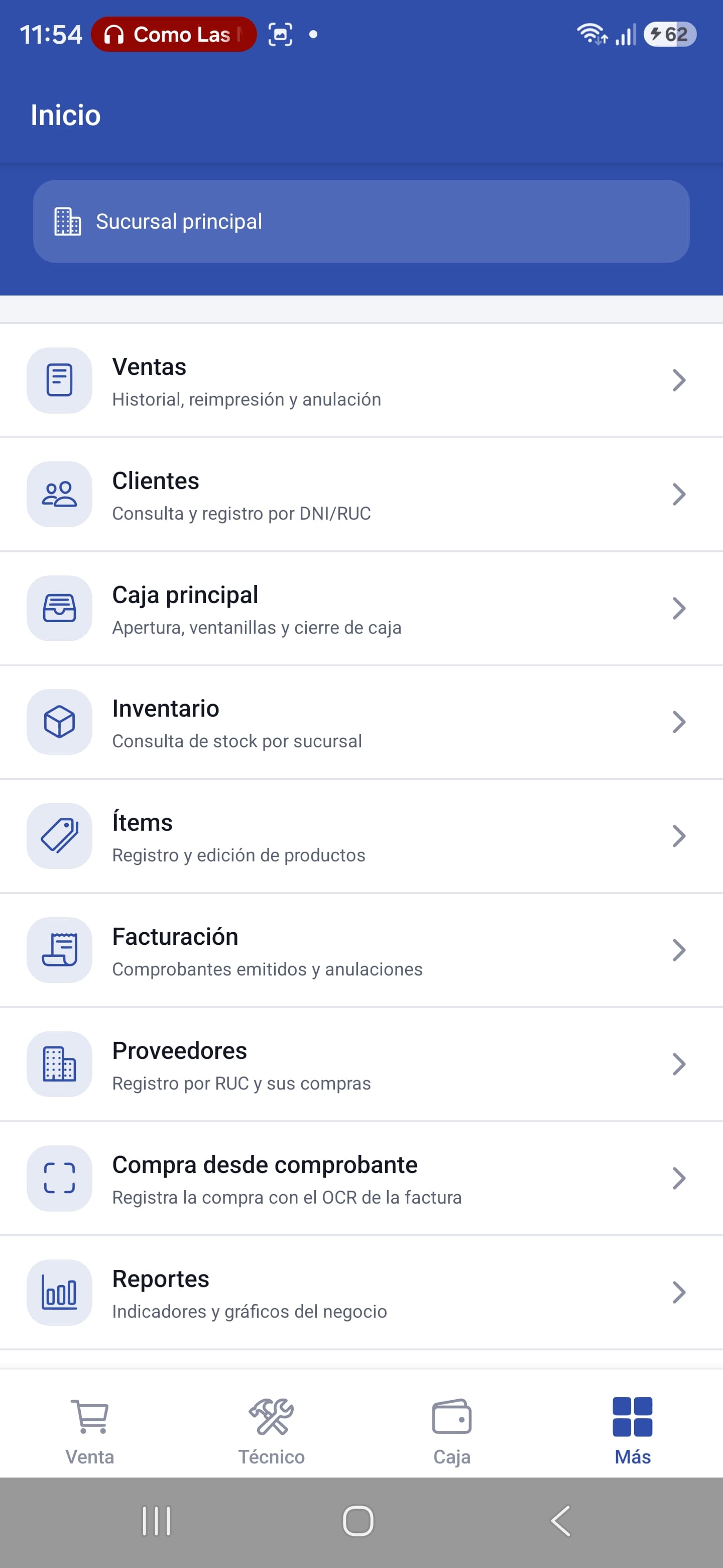 Menú principal de eCompany con ventas, clientes, caja e inventario