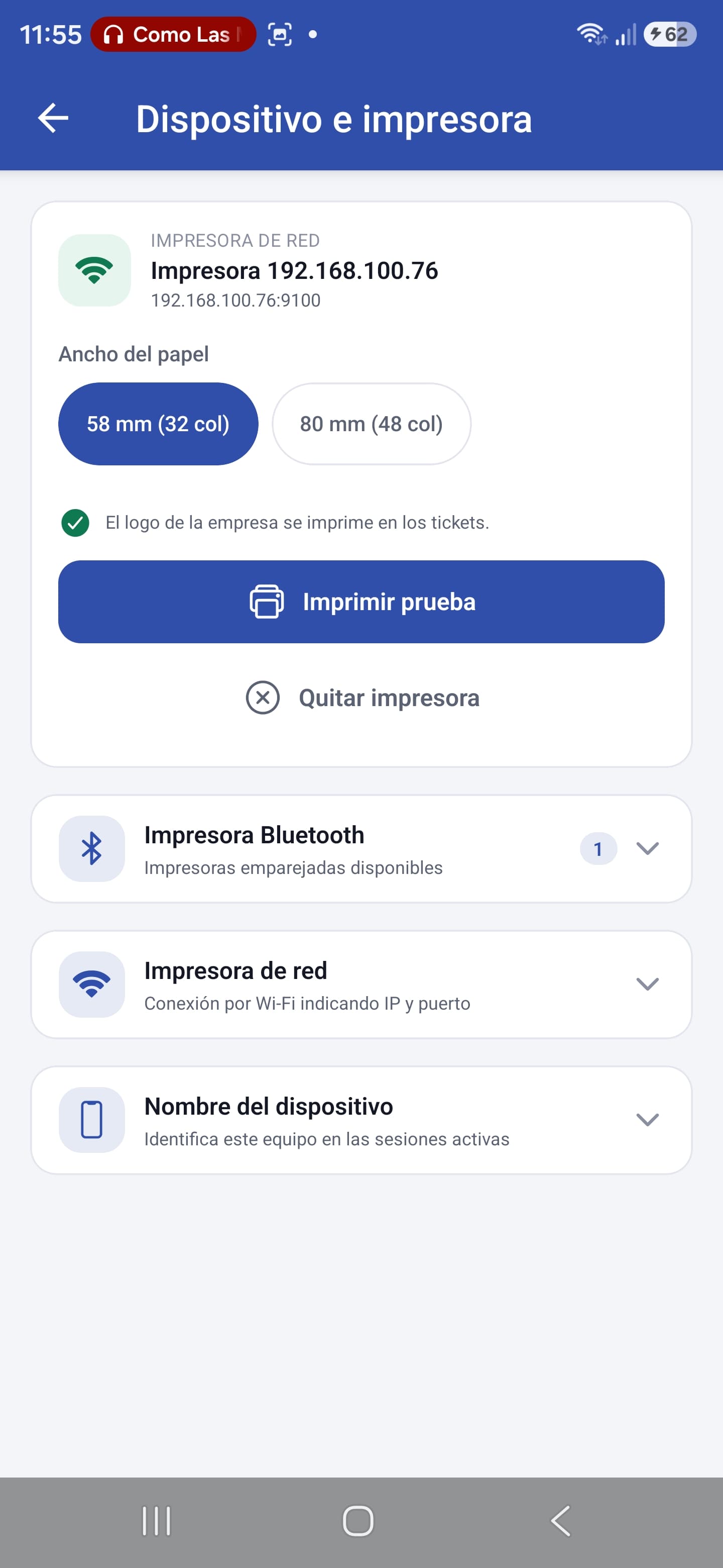 Pantalla de configuración de impresora de tickets
