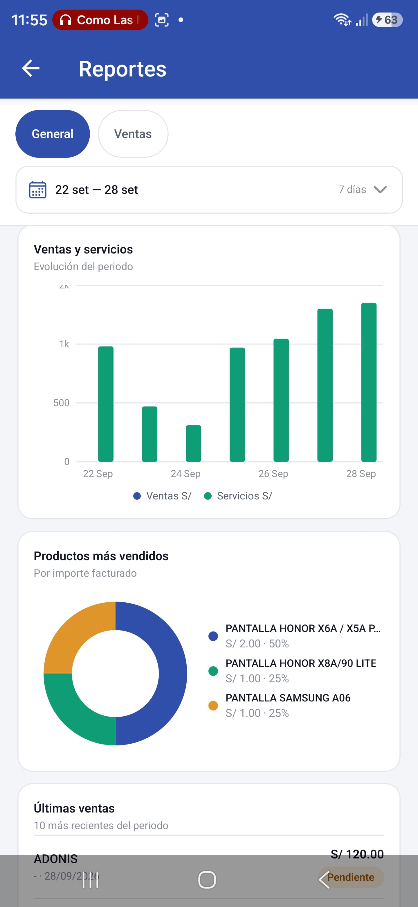 Pantalla de reportes con gráfico de ventas y servicios
